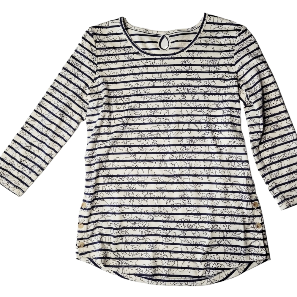 L.L. Bean Navy and White Striped Floral Long-Sleeve Top